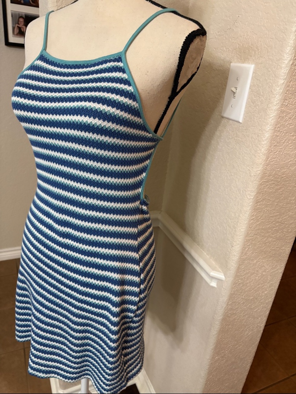 Double Zero blue striped crocheted halter backless mini dress Size L